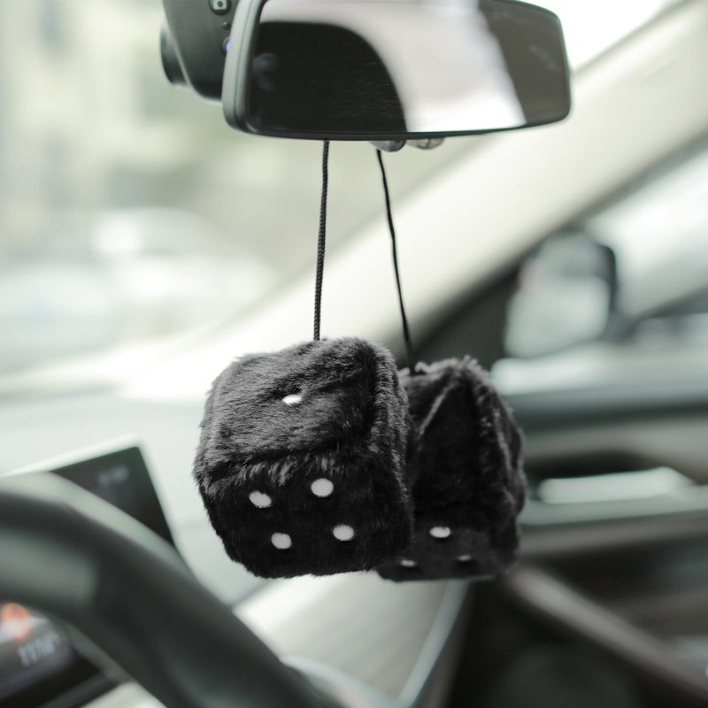 YGMONER Black Fuzzy Dice for Car Rear View Mirror, Pair of 2.75" Plush Dice Retro Hanging Ornaments Car Interior Rearview Mirror Decor Accessories (Black) - Image 5
